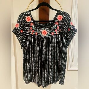 Savanna Jane Black Top with Pink Floral Embroidery
